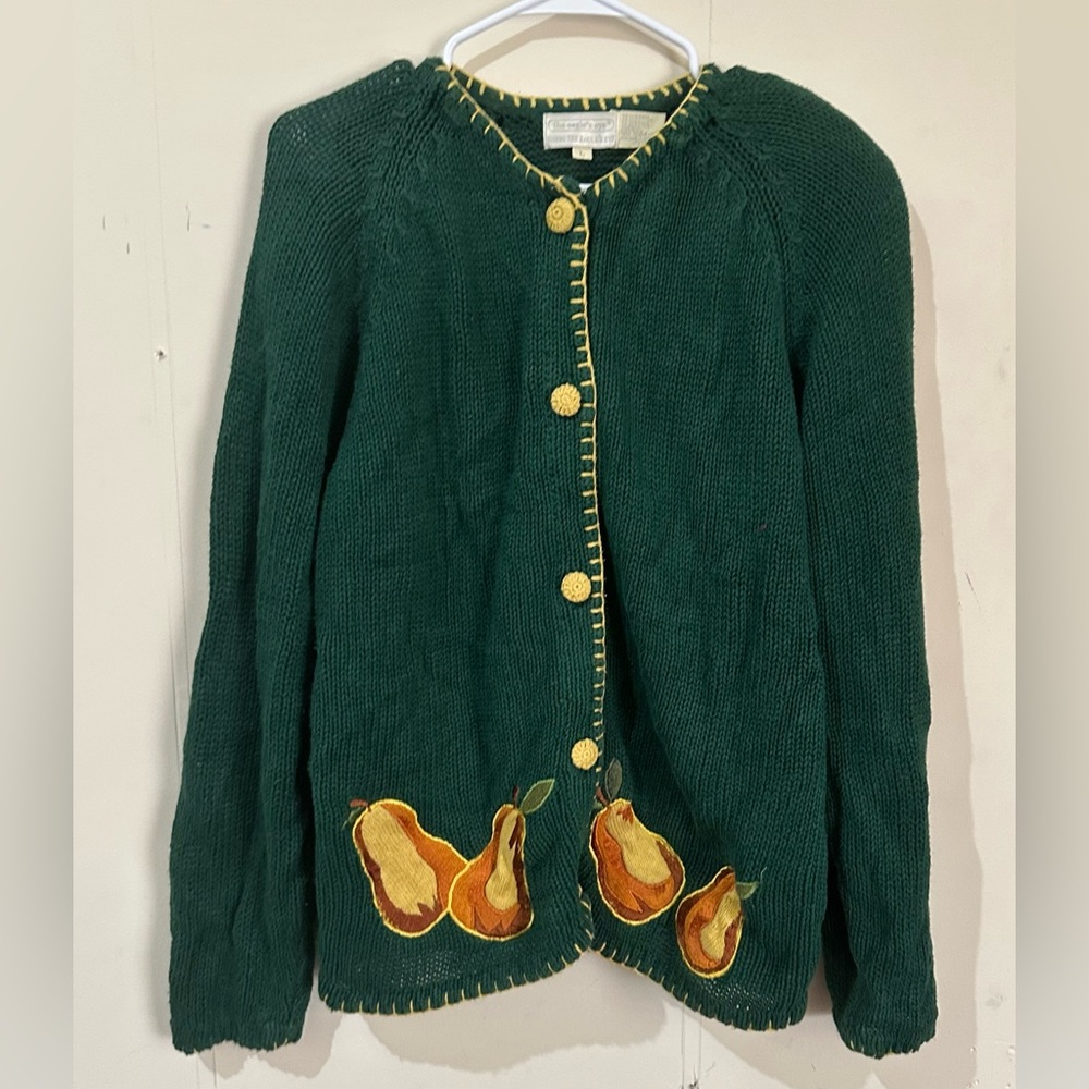 Eagle Eye Vintage Large Green Autumn Theme Hand Knitted Button Up Cardigan